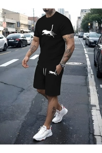 Erkek Siyah Oversize ÇITA Baskılı Bisiklet Yaka Kısa Kollu T-shirt Şort Takımı